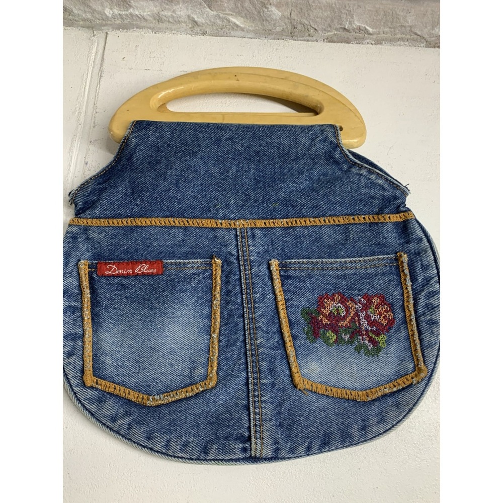 Denim Blues Vintage Wooden Handle Purse Blue Jean Bag Floral Cross Stitch Retro